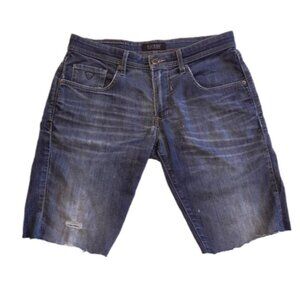 GUESS Vermont Slim Custom Cut Off Denim Shorts Distressed Dark Wash Jean